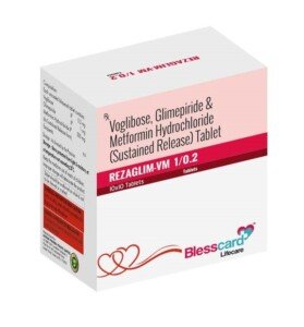 Glimipride 1 mg, Vogalibose 0.2 mg and Metformin 500 mg Tablets Rezaglim-VM 1/ 0.2 Blesscard Lifecare
